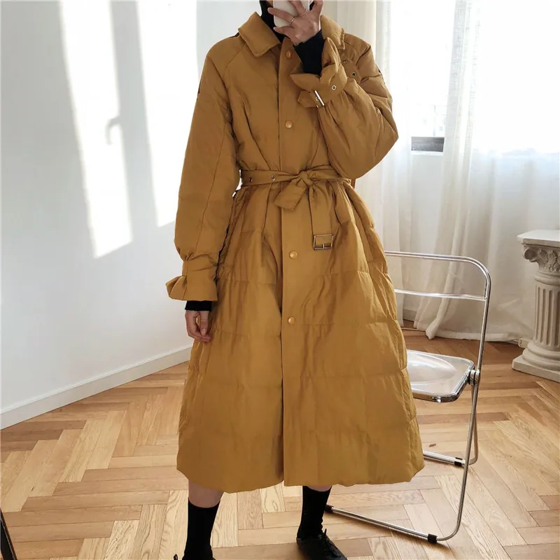 Autumn Winter Mid-length Slim Waist Women's Down Jacket 2021 New Fashion Over-the-knee White Duck Down Hepburn Style Chic Coat