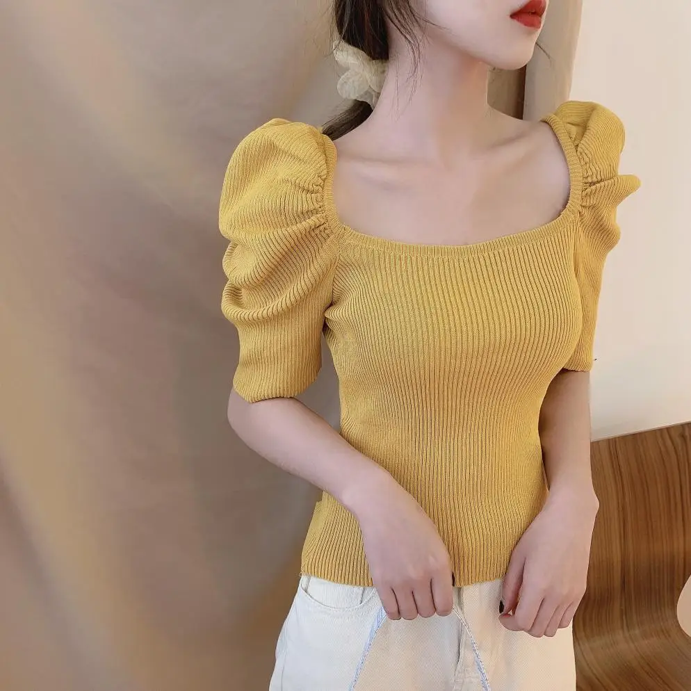 6 Colors Women Slim Short Puff Sleeve Square Collar Cropped Tee Shirts Lady Stretchy Knit Crop Tops T-shirts For Girls Summer