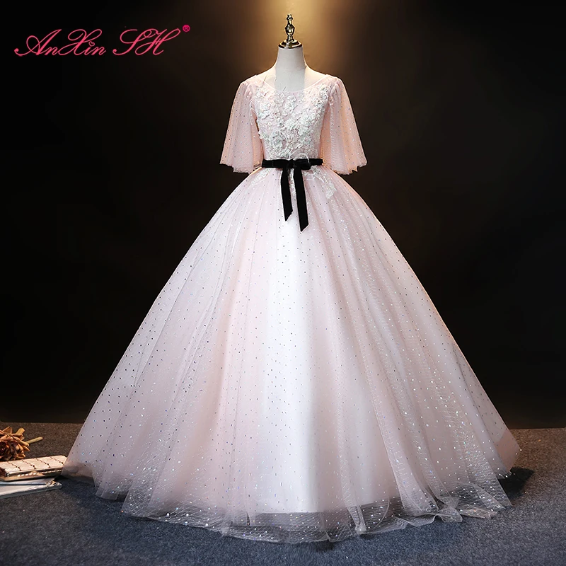 

AnXin SH princess pink lace sparkly o neck white rose flower black bow ball gown short sleeve lace up customized evening dress