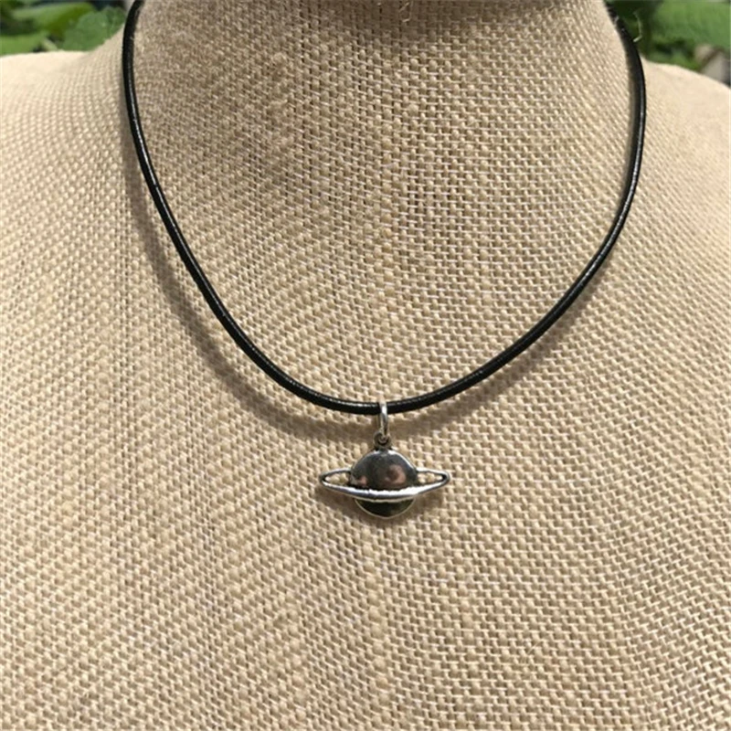 Saturn Charm Choker Necklace, Black Leather Choker, Space Jewelry, Planet Necklace