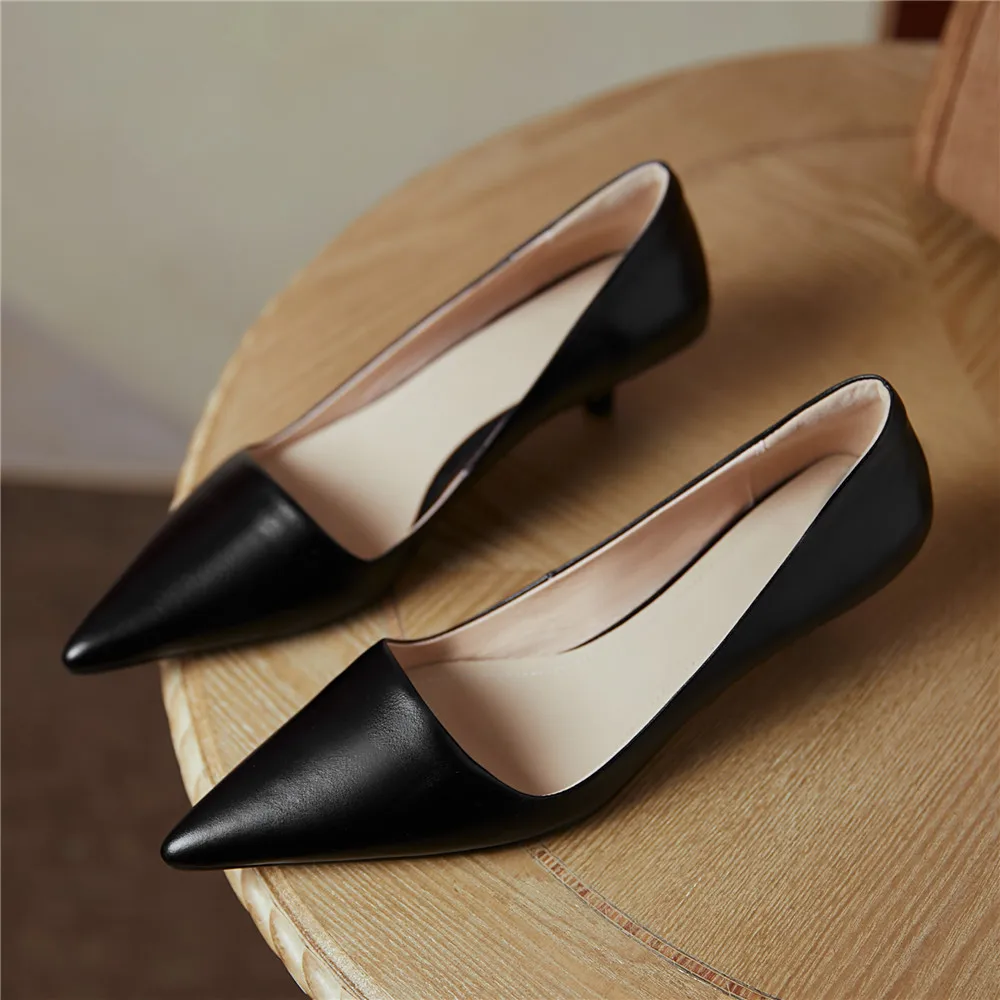 Orignice Sexy Pointed Toe Women Full Genuine Leather Pumps Slip On Solid Color Comfortable Low Thin Heels Dress Party Shoes