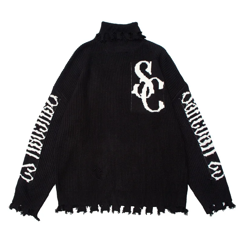 

Hole High Street Sweaters Men Letter Jacquard Knitted Pullover Couple Casual Baggy Fashion Full Sleeve Jumper Autumn Streetwear