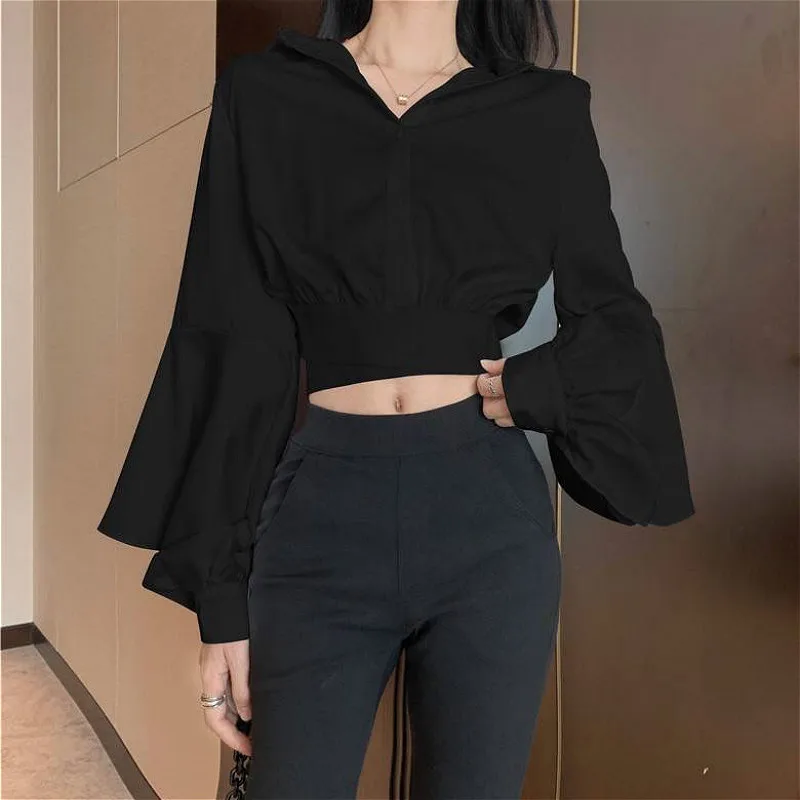 Blouses Women Pure Fashion Ins Casual Design Summer Soft Solid Daily V-Neck Flare Sleeve Cropped 2021 Newest Clothes Aesthetic