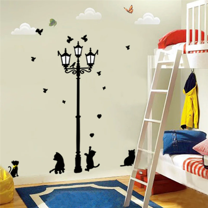 Cute Cat Butterfly Lamppost Wall Sticker For Home Decorations Diy Animal Wall Decals Kids Room Mural Art Peel And Stick