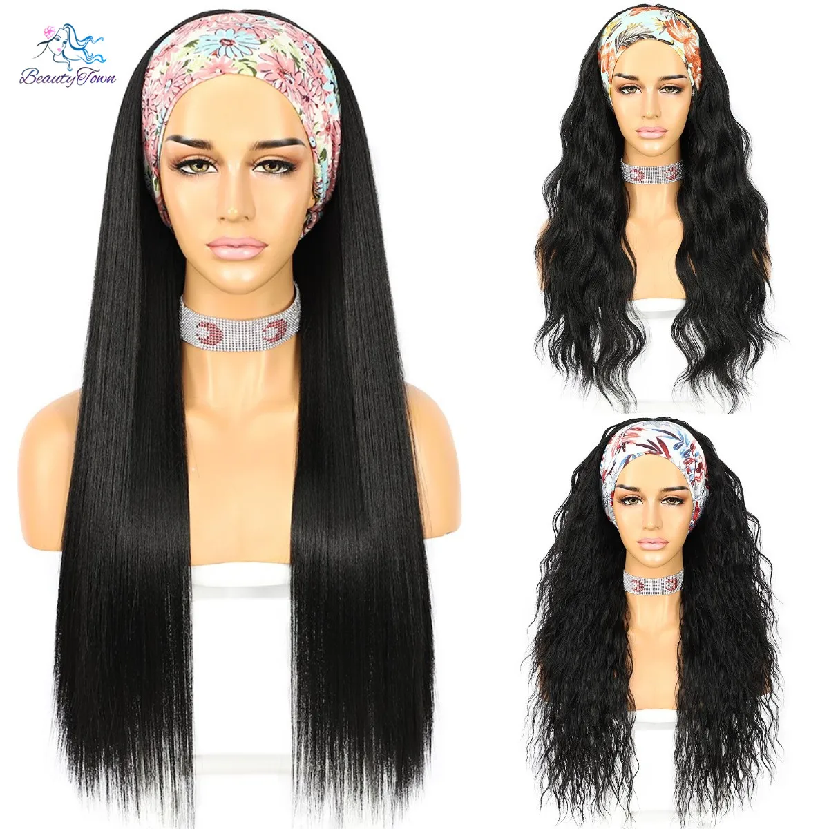 26inches Long Yaki Straight Wavy Synthetic HeadBand Wigs for Women Daily Wedding Party Travel EasyWear Wig 2 Free bands Gift