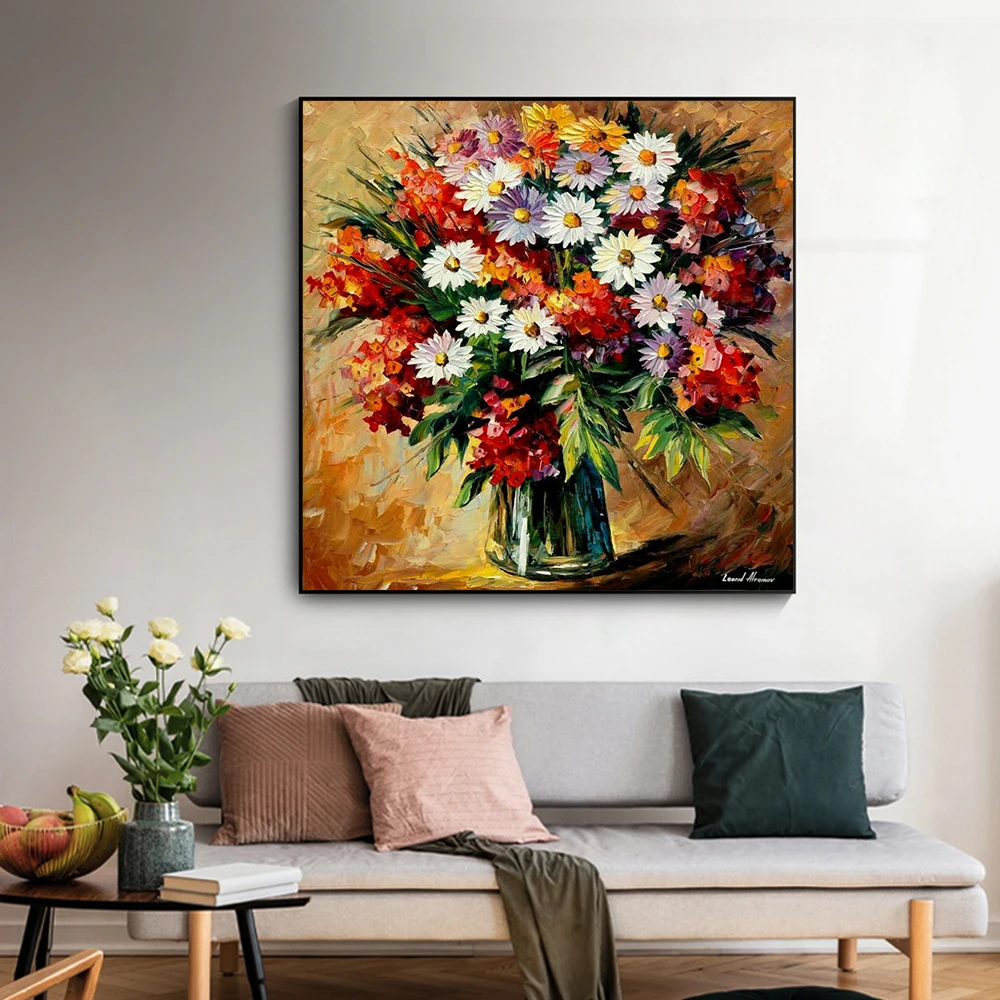 Hand Painted Modern Oil Painting Daisy Picture Canvas Wall Art Nordic Poppies Flower Heavy Oil Painting For Living room Decor