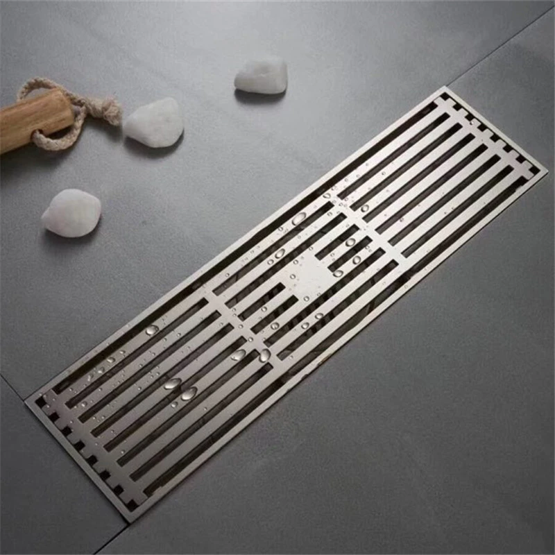 Shower Floor Drain Black/Chrome Brass Bathroom Rectangle Shower Floor Drain 8*30 cm Wire Strainer Cover Waste Drain Anti-Odor