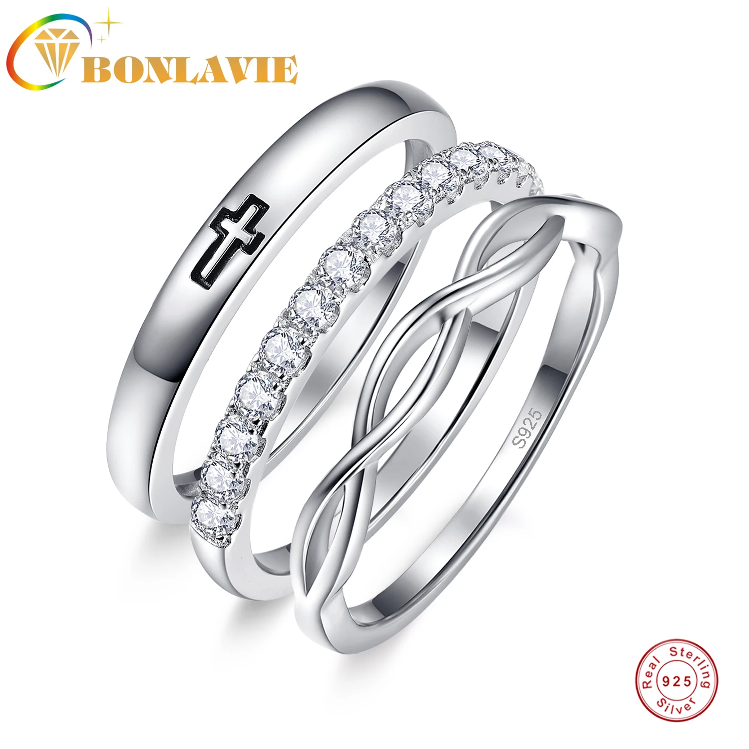 

BONLAVIE 3pcs Set Ring Black Cross Infinite White Zirconium Wedding Ring Set 925 Silver Ring Engagement Bridal Sets