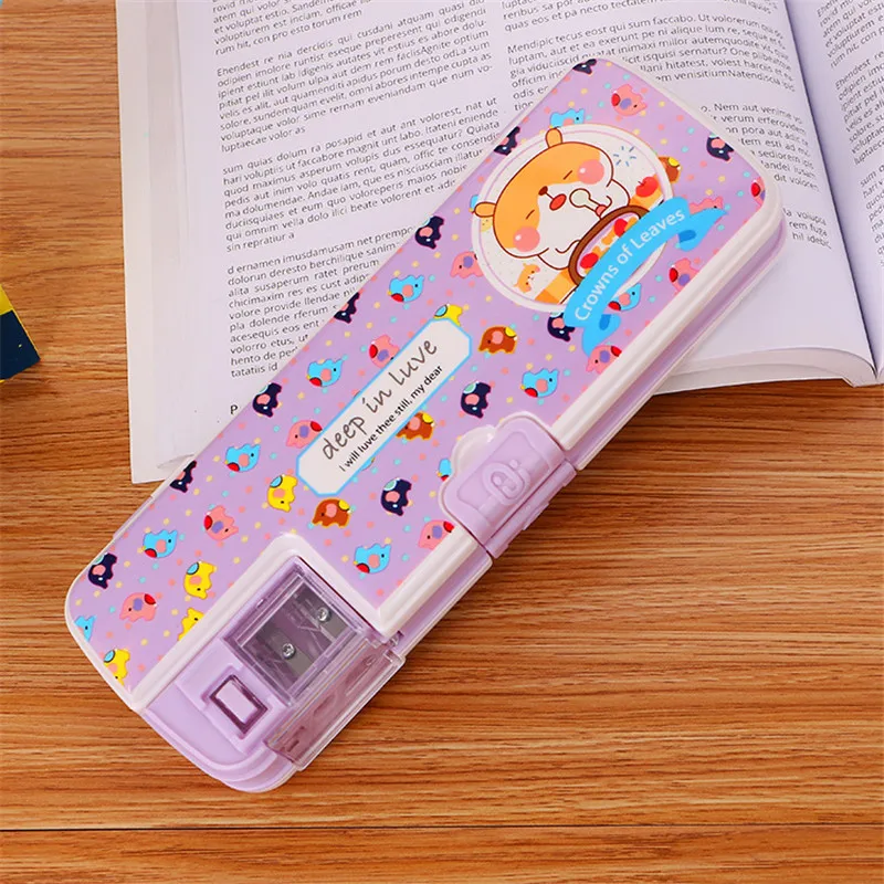 Double Layer Square Cartoon Pencilcase With Sharpener Student Creative Stationery Pencil Box Case Children Prize Party Gift