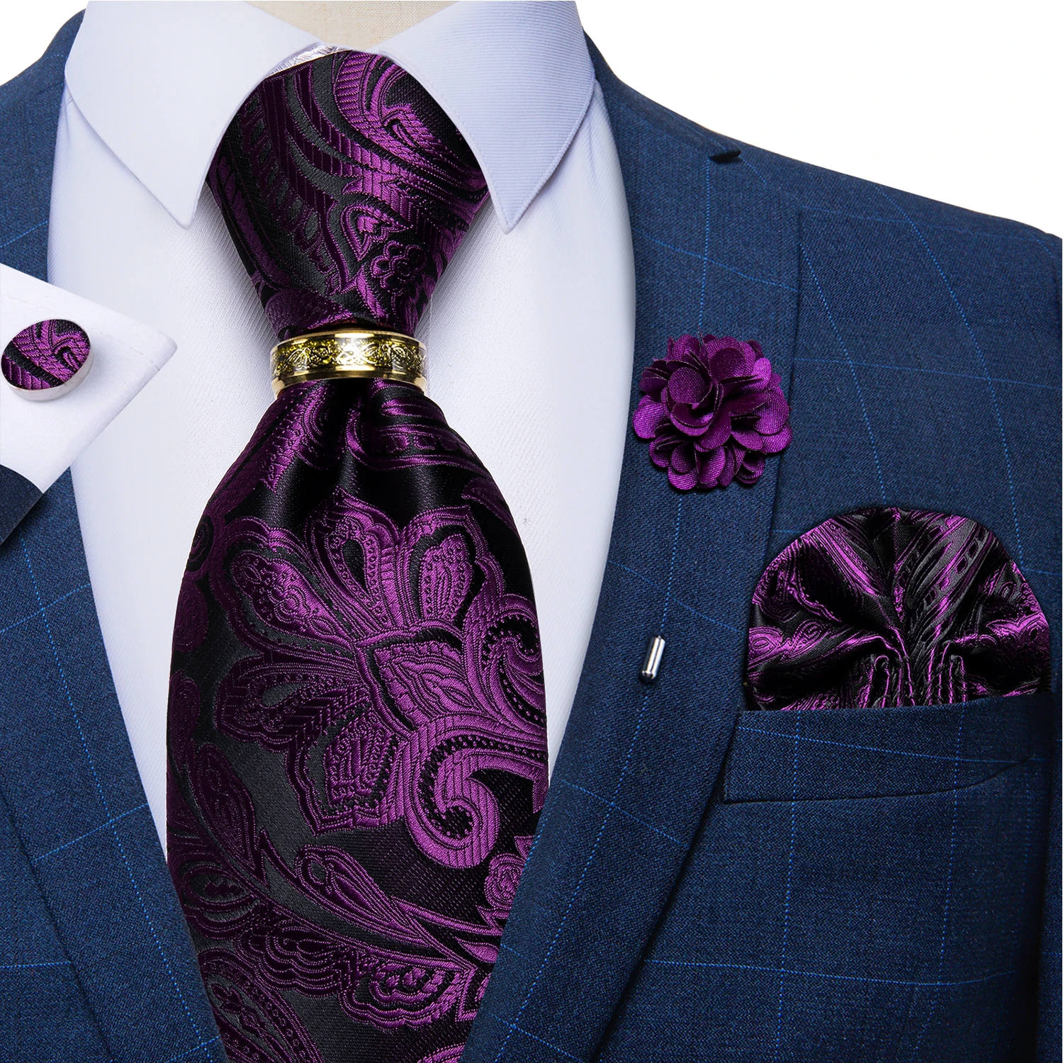 Luxuriöse Blau-Gold Paisley-Krawatten für Herren, Business-Hochzeits-Krawattenset mit Krawattenring, Brosche, Manschettenknöpfen und Einstecktuch – Detail 24