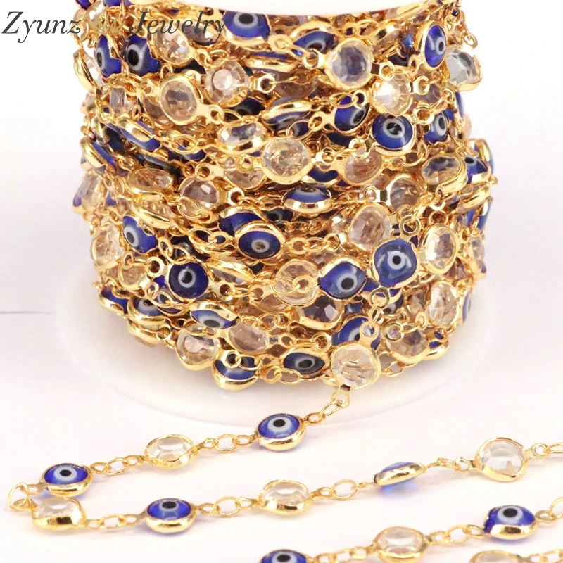 5 Meters, Enamel Blue Eye Charm Chains Clear Crystal Link Chains for DIY Jewelry Making