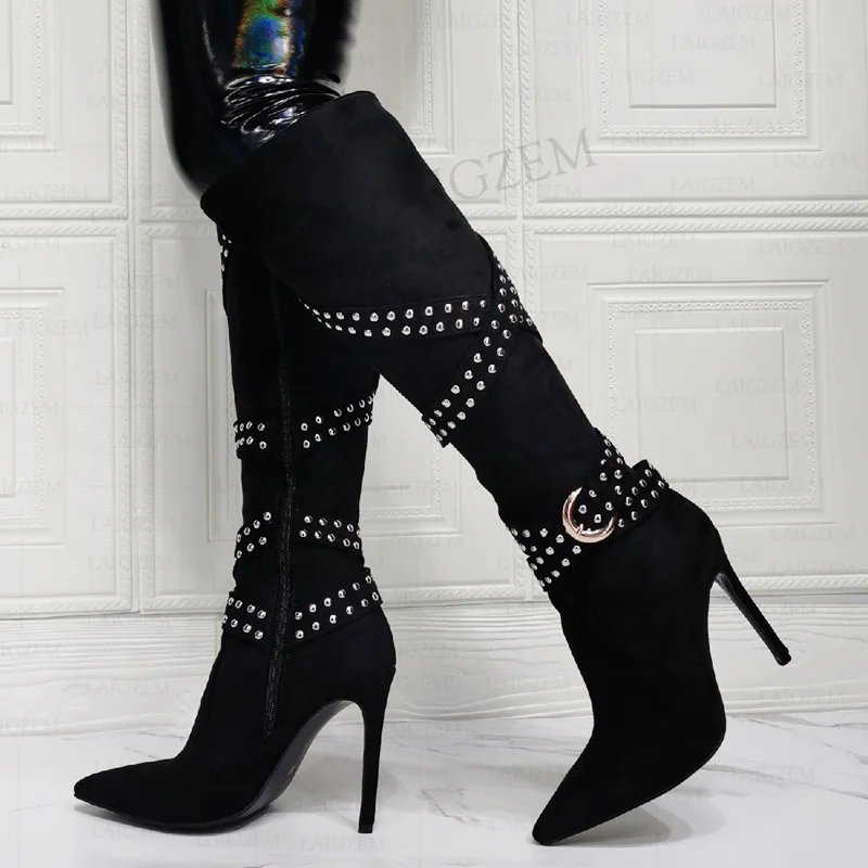 

SEIIHEM Women Knee High Boots Side Full Zip Studded Stiletto Heels Boots Handmade Party Botas Muje Shoes Woman Big Size 42 44 47