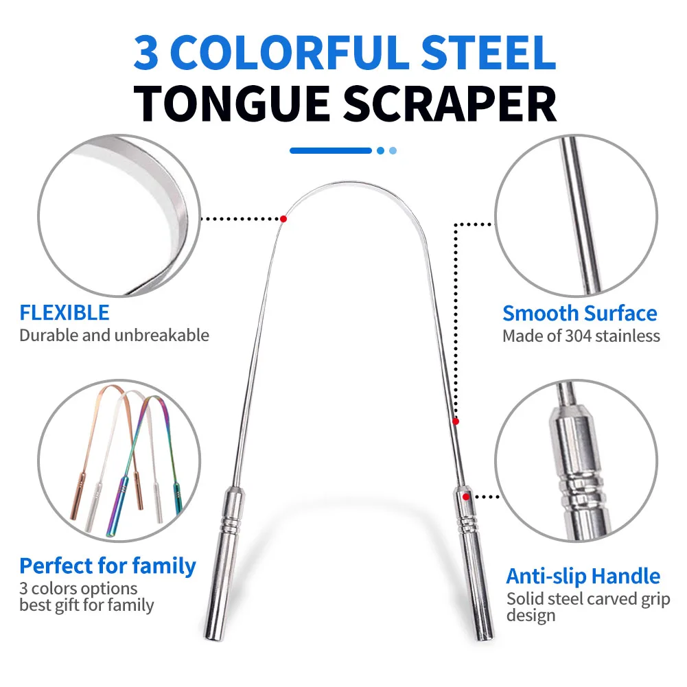 Y-kelin 3 Colors Stainless Steel Tongue Scraper Metal Tongue Fresh Breath Cleaning  Coated Toothbrush Oral Hygiene