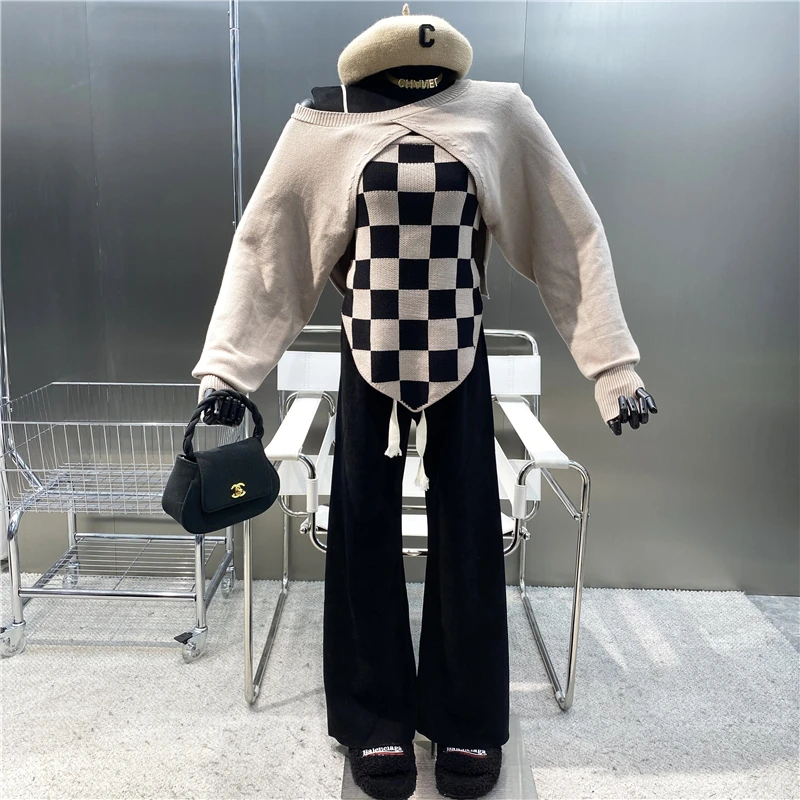 

New Brand Original Design Irregular Contrast Checkerboard Suspender Vest+Knitted Long Sleeve Pullover Shawl Blouse Two-piece Set