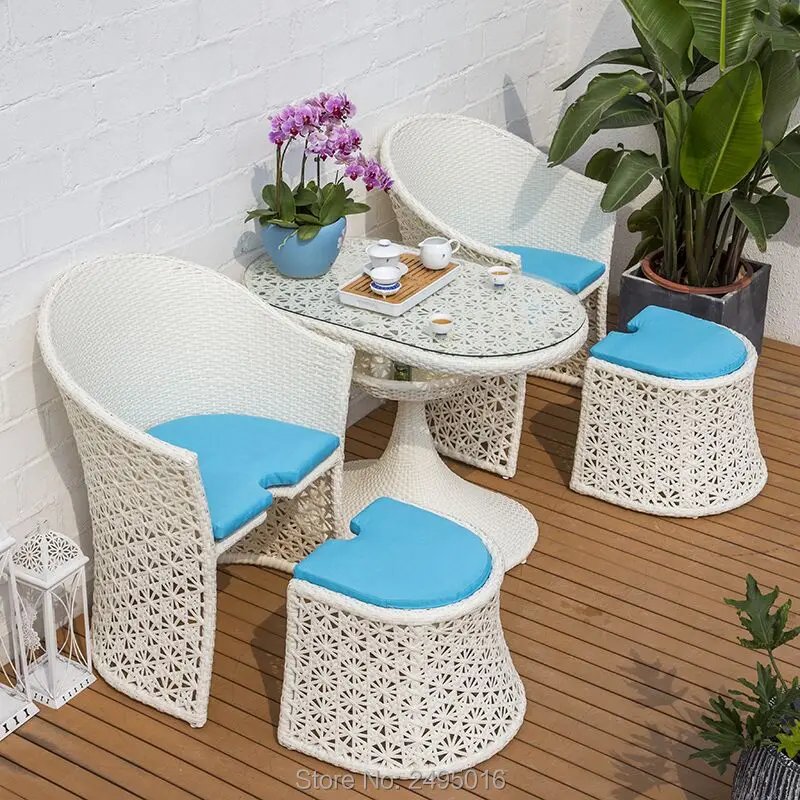 5pcs / set Patio Porch Furniture Sets metal PE Rattan Wicker Chairs with Table Outdoor Garden Furniture Sets space saving