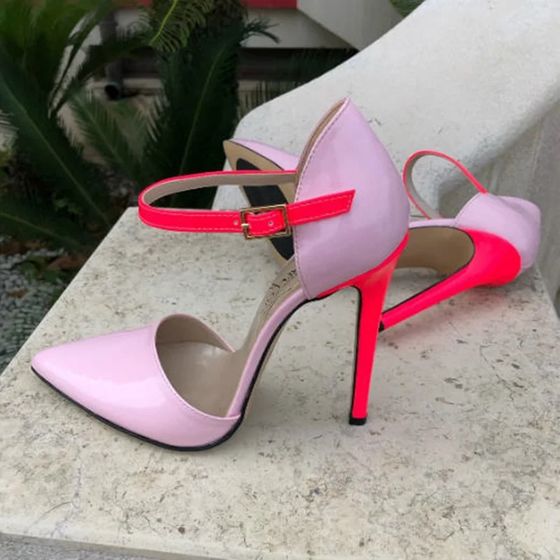 

Ankle Strap Pink Heels Leather Dress Shoes Cut-outs Gladiator Heels Party Shoes Pointed Toe Patchwork High Heel Pumps