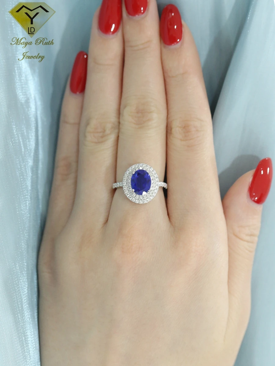Created Sapphire Gemstone Cocktail Ring For Women Blue Real 925 Sterling Silver Party Anniversary Gift Female Oval Shape Vintage