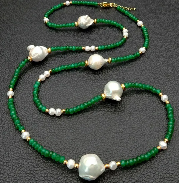 

HABITOO Luxury 12-14MM Natural White Keshi Freshwater Pearl Green Jade Long Necklace 32inch for Women Fashion Jewelry Party Gift