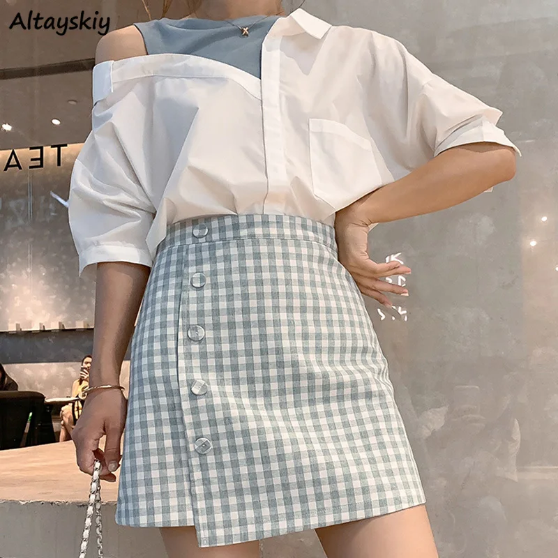 

Elegant Fashion Dress Sets Women Outfits Irregular Fake-two Pieces Shirts Simple Retro Plaid Skinny Skirts Summer Ladies OL Hot