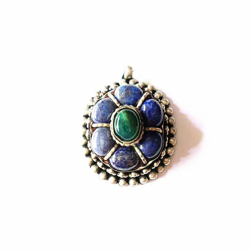 Tibetan Pendants Copper Inlay Blue Lapis Lazuli Flower Pendant Vintage Jewelry Multi Stone Beads TBP262