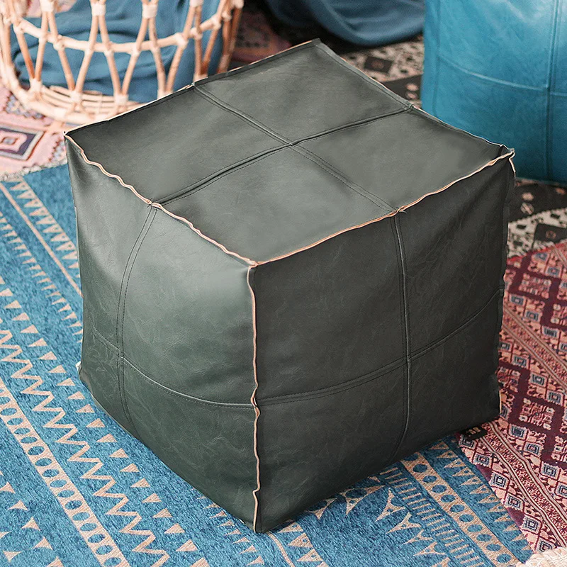 45cm Moroccan Artificial PU Leather Pouf Cover Craft Simple Sofa Ottoman Footstool Unstuffed Living Room Bedroom Cushion Covers