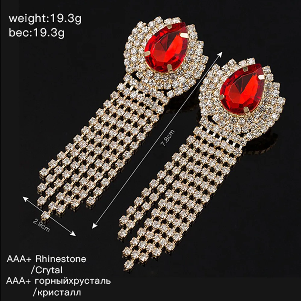 Splendido strass grande rosso verde goccia d'acqua orecchini da sposa da sposa per le donne di lusso nappa di cristallo ciondola orecchini gioielli