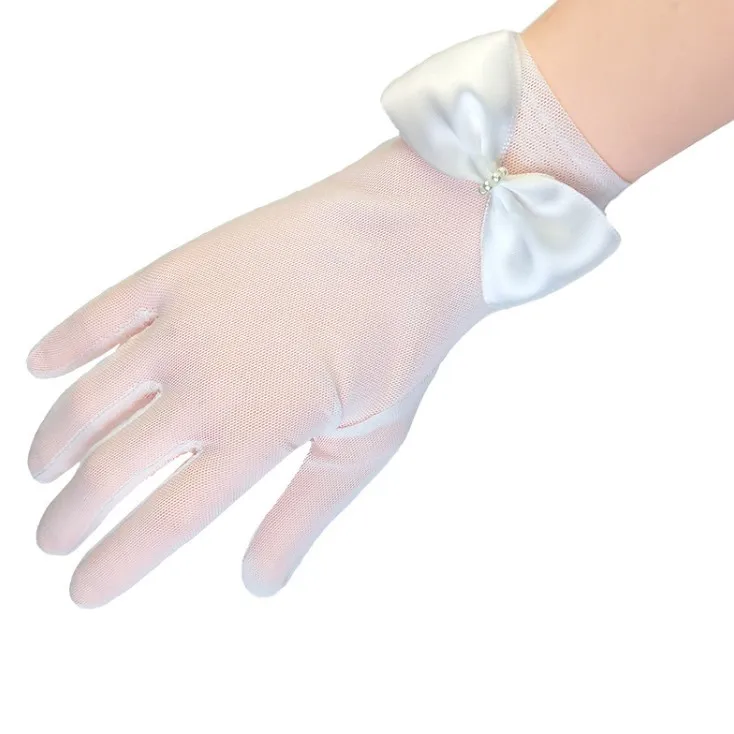 Bridal Short Ivory Beaded Bow Gloves Women Summer Mesh Gauze Ultra Thin Vintage Elegant Women Gloves Transparent Party Glove