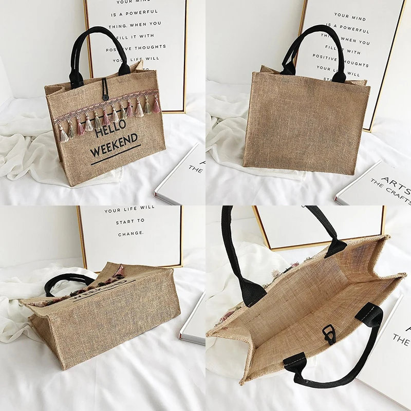 Canvas Handbag Women Large Capacity Tassel Shoulder Bag Simple letter Top-handle Bag Linen Lady Tote Shopping Weekend Bag Bolso