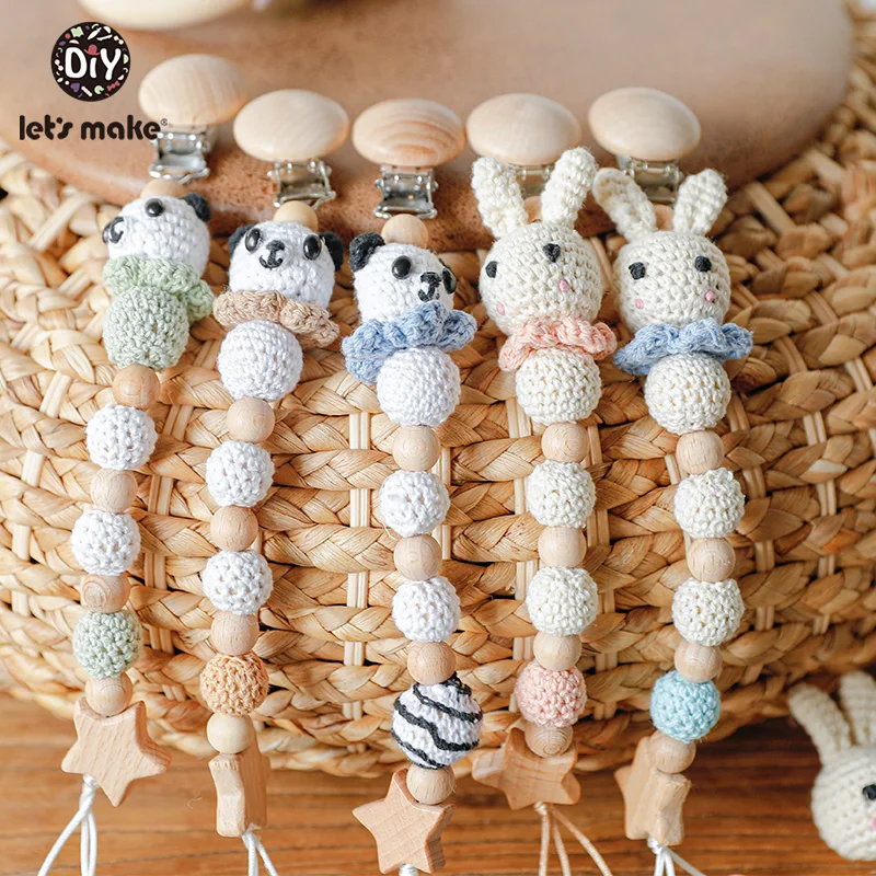 Let's Make Pacifier Chain 1szt Baby Teeting Chains Crochet Rabbit Panda Beads Wooden Clips Wood Teether Tiny Rod Kids Dummy Clips