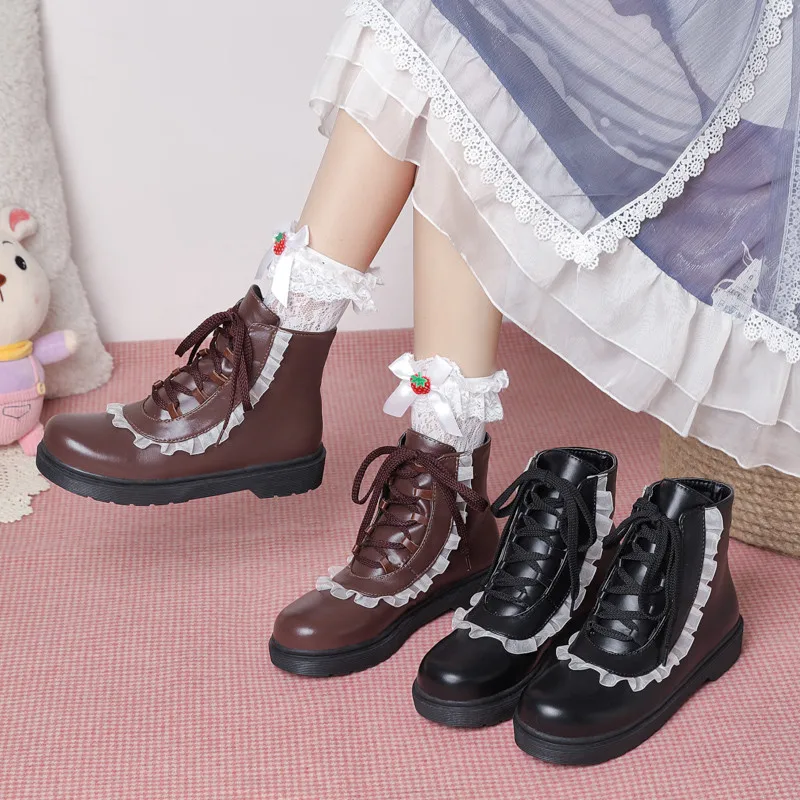 YQBTDL scarpe da donna stivaletti piattaforma spazzatrice incrociata Kawaii Lolita marrone scuro nero 2021 autunno principessa Botas Harajuku