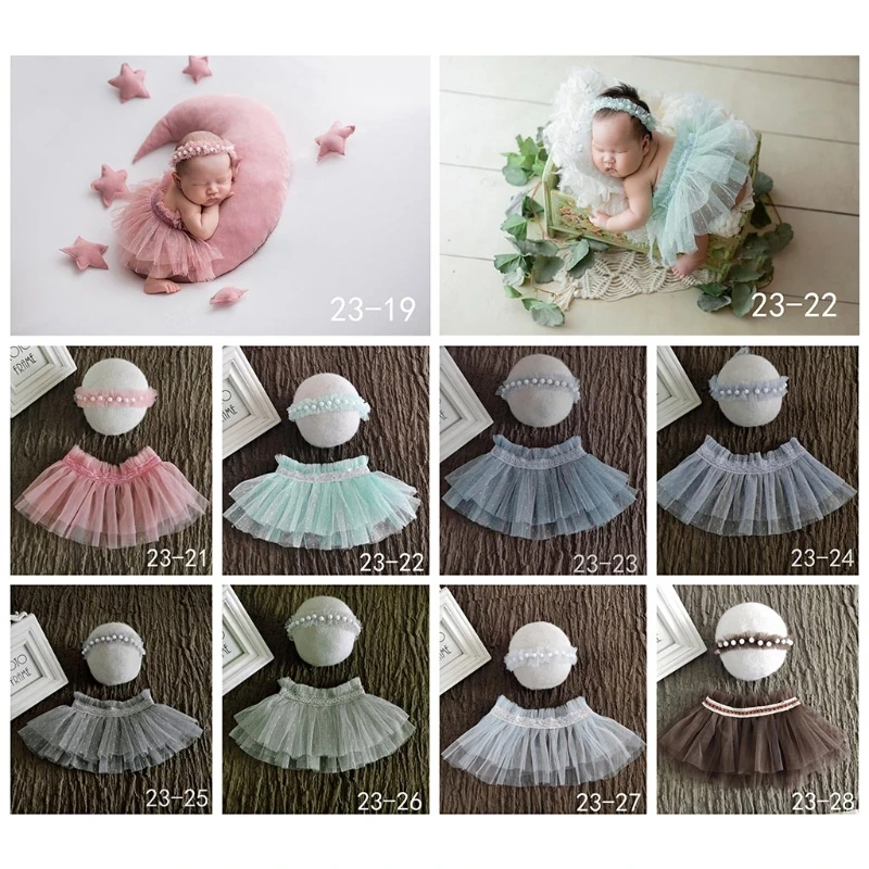 Newborn Photography Props Accessories Girl Lace Skirt Pearl Headband Set Baby Fotografie Studio Romper Photo Shoot Costume