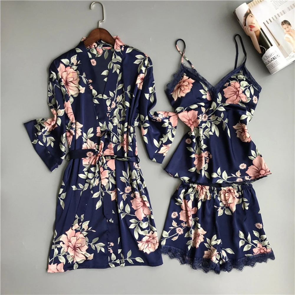 Sexy Women Pajama Set Print Lace Pijamas Kimono Bathrobe+Sleep Tops+Shorts Stain Casual Nightwear Sleepwear Mujer Plus Size