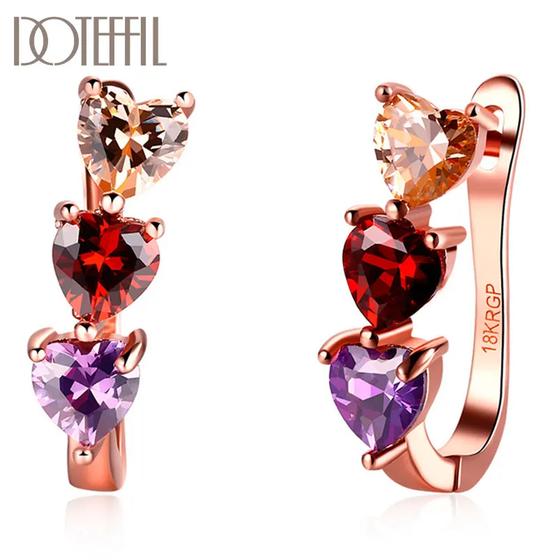 DOTEFFIL 925 Sterling Silver Multicolor AAA Zircon Heart-Shaped Rose Gold Earrings For Women Jewelry Fashion Wedding Party Gift