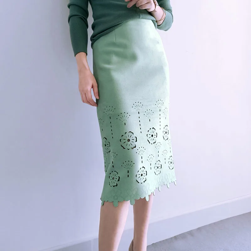 

Free Shipping 2020 New Fashion Elegant Knee Length Women Skirts Pencil S-2XL High Waist Spring Skirt Green Autumn Hollow Flower