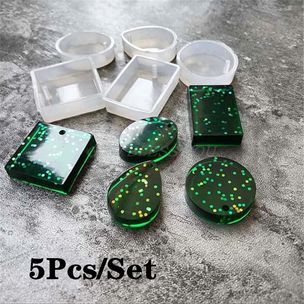 5Pcs Silicone Round Square Oval Waterdrop Rectangle Shape Hole Mold DIY Craft Epoxy Resin Molds Necklaces Pendant Mould