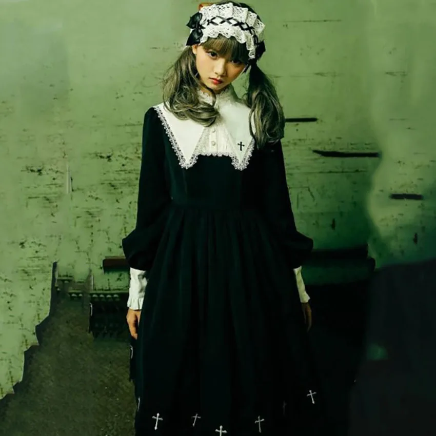 Gothic OP Vestito per Le Donne Lolita Nero Croce Emboridery Navy Collare Giapponese Kawaii Ragazze Festa di Carnevale della Corte di Stile Della