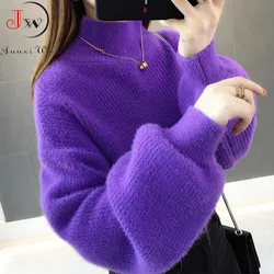 Thick Mohair Women Sweaters Turtleneck Soft Lantern Sleeve Short Pullovers Fashion Autumn Winter Sweater Solid Women Jumpers