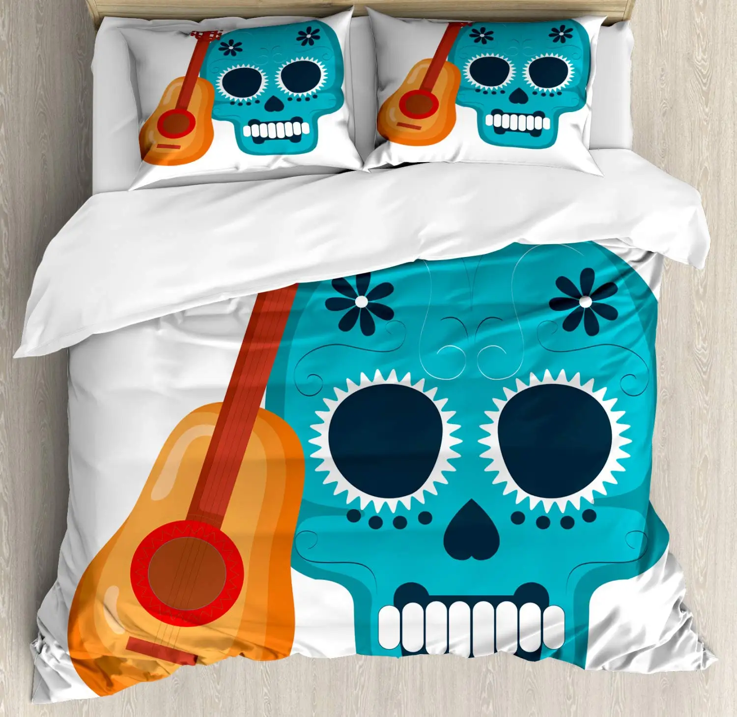 

Day of The Dead Duvet Cover Set Mexico Sugar Skull and Guitar 3 Piece Bedding Set White Petrol Blue Orange