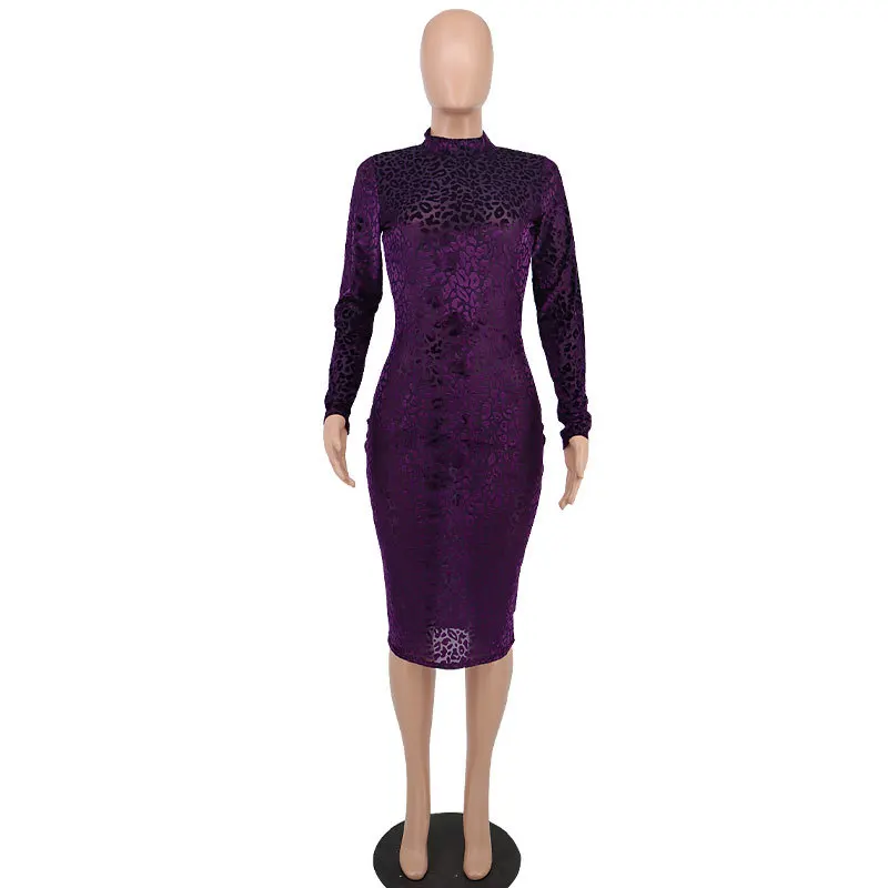 Slim z długim rękawem purpurowy lampart sukienki na co dzień kobiety odzież odzież do pracy biuro elegancka Vintage obcisła sukienka Vestido Femme