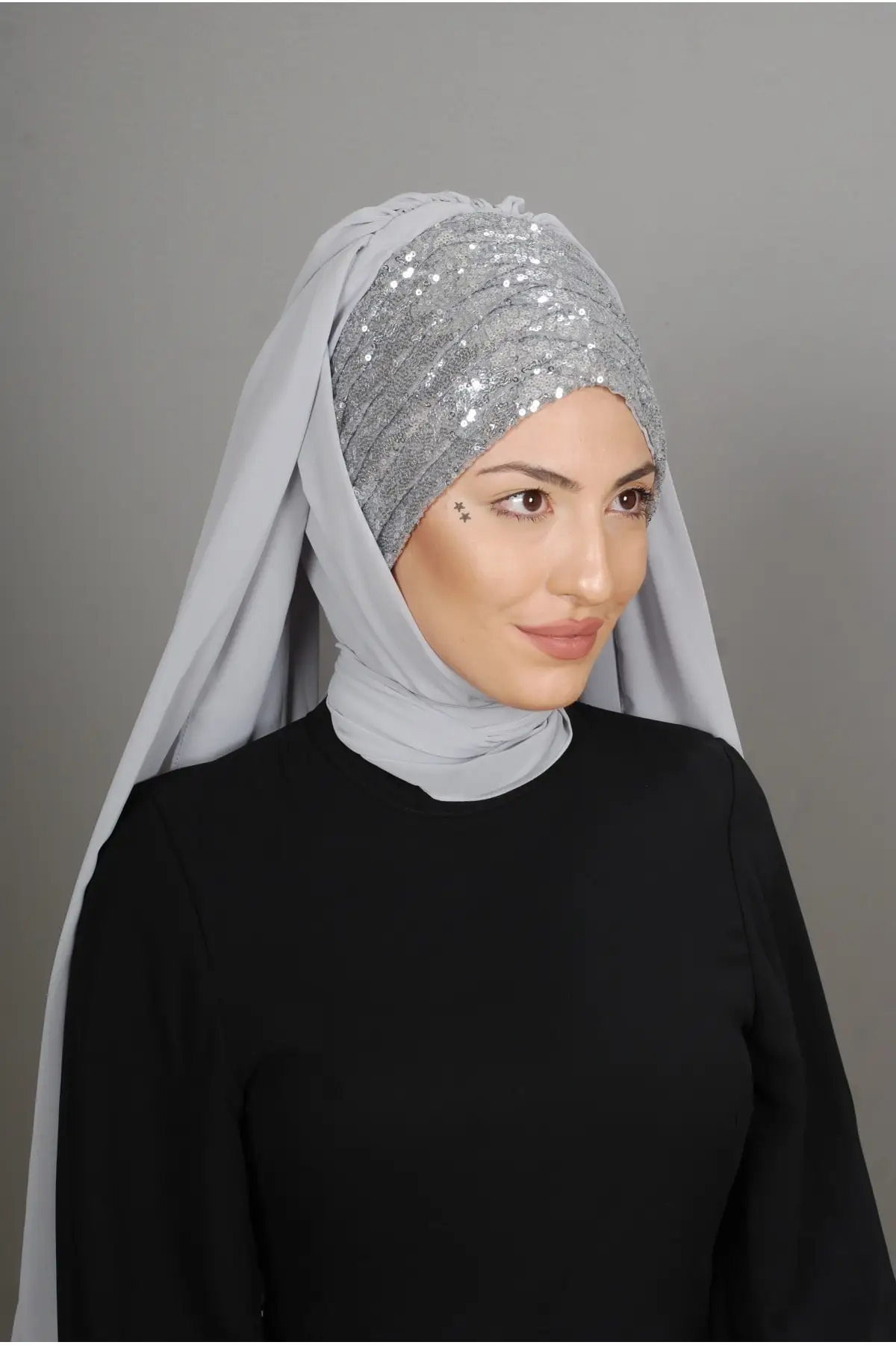 Women's Gray Front Sequined Shirred Ready Turban