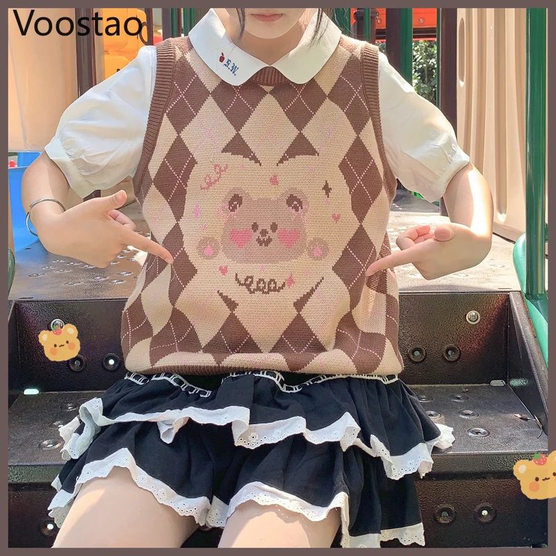 Japanese Sweet Lolita Style Cute Bear Knitted Pullovers Autumn Women Kawaii Cartoon Loose JK Sweater Vest Girly Chic Waistcoat