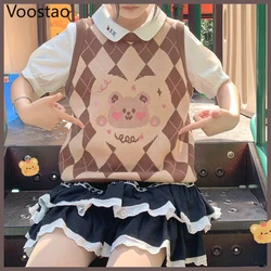 Japanese Sweet Lolita Style Cute Bear Knitted Pullovers Autumn Women Kawaii Cartoon Loose JK Sweater Vest Girly Chic Waistcoat