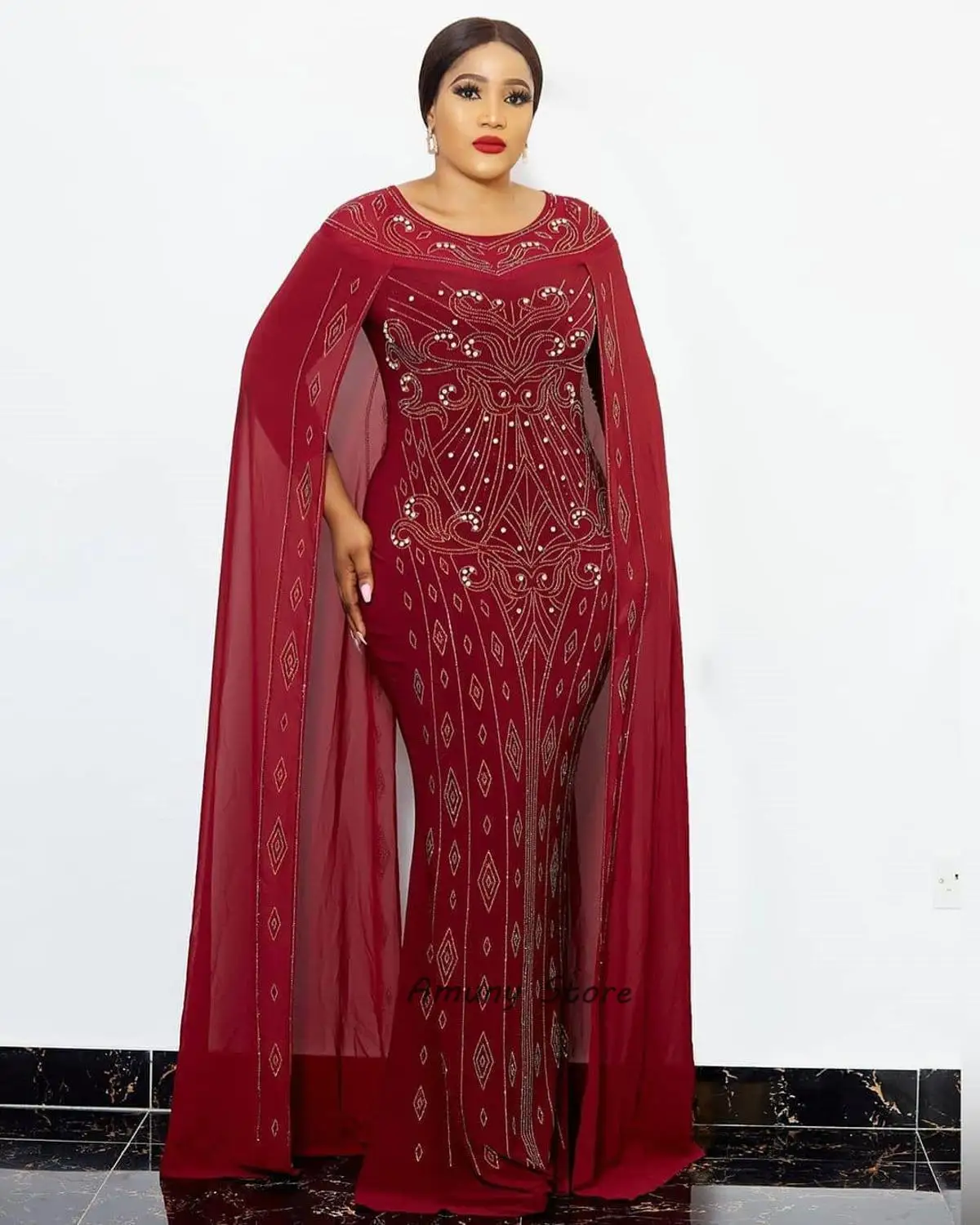 African Woman Dress Hot Fix Rhinestone Beading Cloak Decoration Chiffon Polyester Plus Size Stretch Fishtail Long Dress