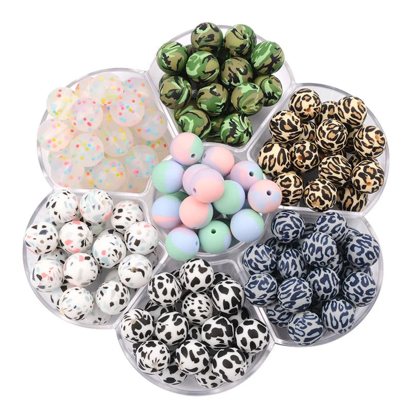 Silicone Impresso Rodada Beads, Flor e Leopardo Beads, DIY Keychain, Colar e Pulseira Acessórios, Jóias para Jóias, 12mm, 15mm, 19mm, 20PCs