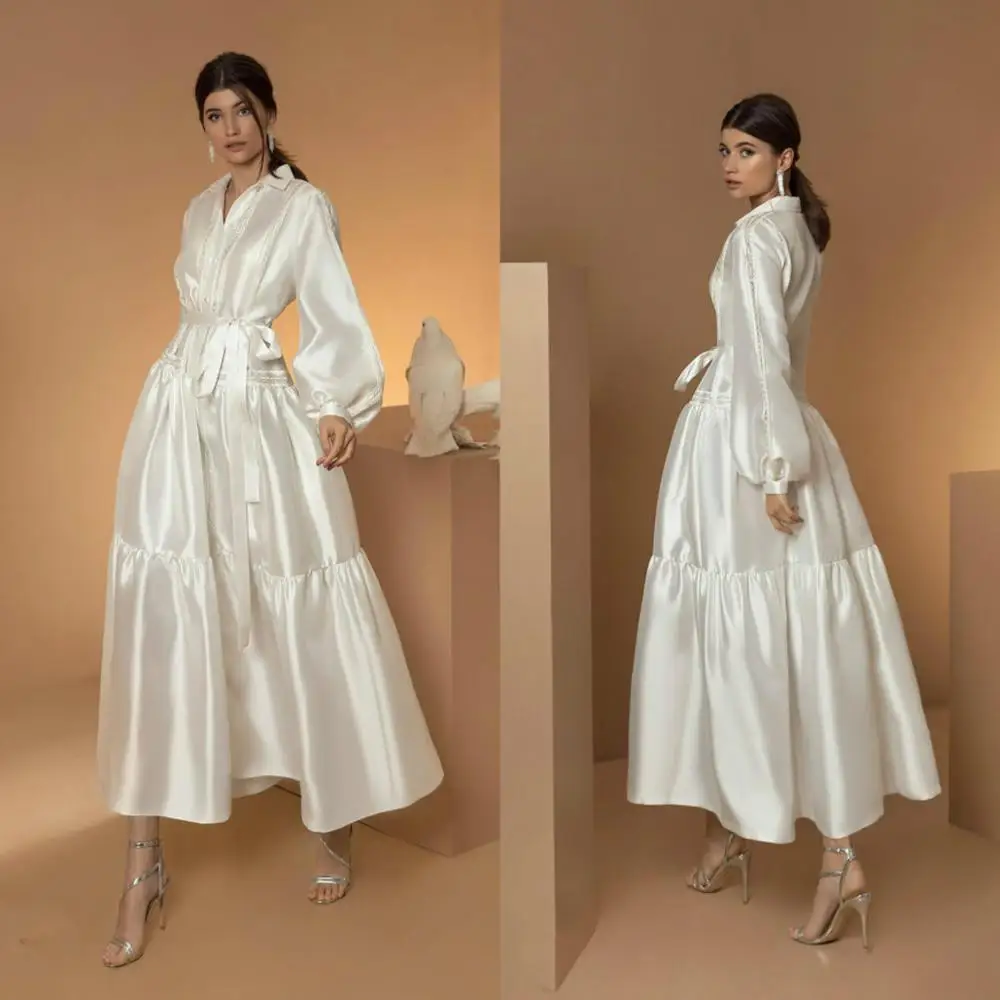 Robe De mariée en Satin perlée, veste, col en V, manches longues, coupe trapèze, sur mesure, ceinture, bon marché, 2020