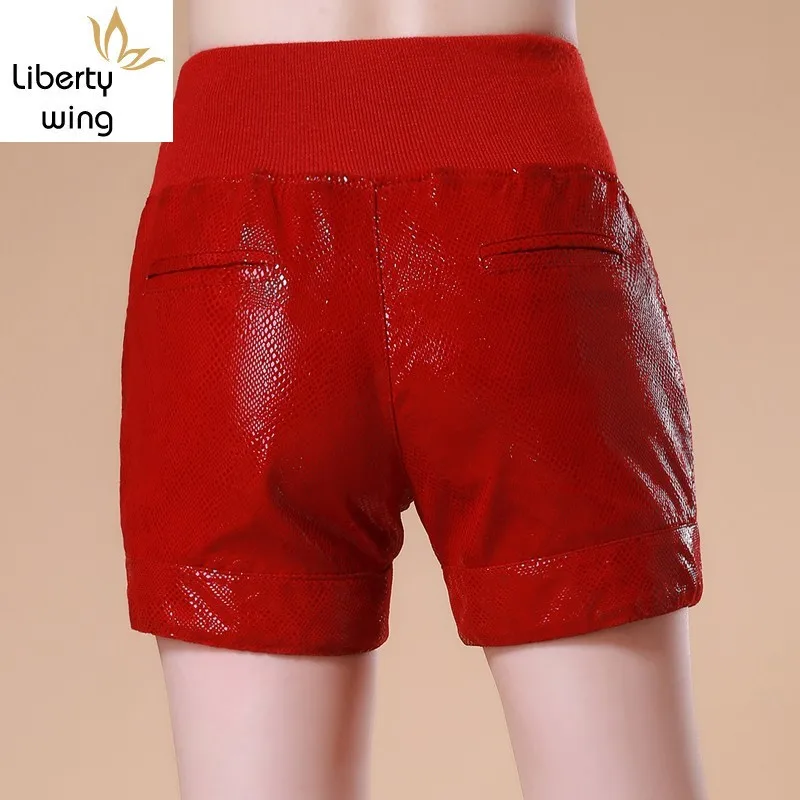 Snake Print Genuine Leather Women Brand Red/Black Slim Elastic Waist Short Pants Street Casual Sheepskin Shorts Femme