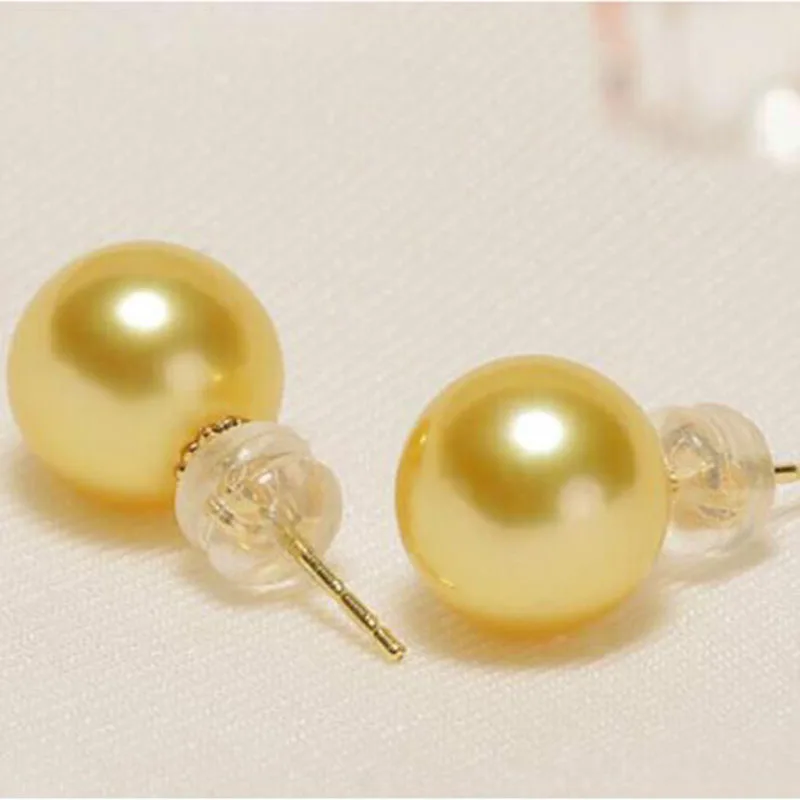 AAA10-11mm perfect round south sea gold pearl  earrings 18k