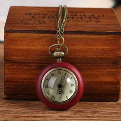 6026Retro red wooden box quartz pocket watch transparent ball chain automatic winding watch men and women neutral clock gift