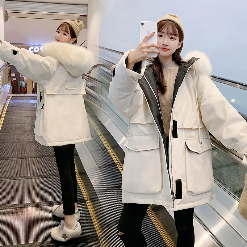 

Jackets Winter Women Hooded Parka Korean Warm Fashion Down Jacket Female Thicken Pink Cotton Coat With Fur Collar Outwear DD2424