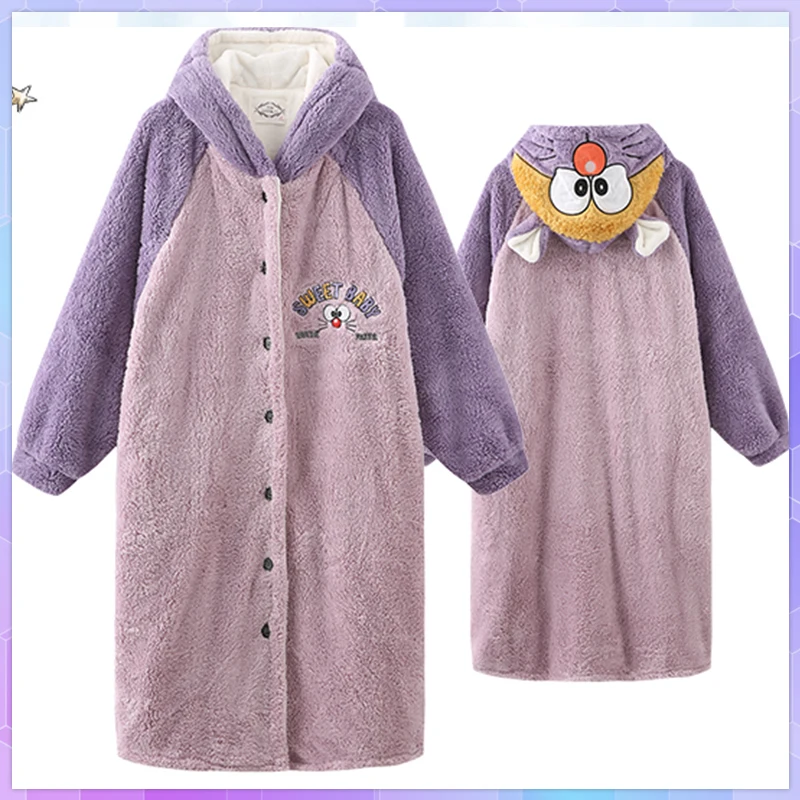 Warm Pajamas Robes Women Winter Bathrobes Coral Velvet Pajamas Thick Student Cute Plus Velvet Sleepwear Nightdress Home Clothes